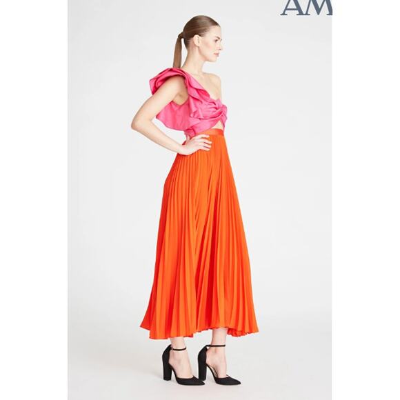AMUR Dress 12 Cleopatra Pleated Maxi One Shoulder Ruffle Pink Orange Formal Gown - Picture 2 of 16